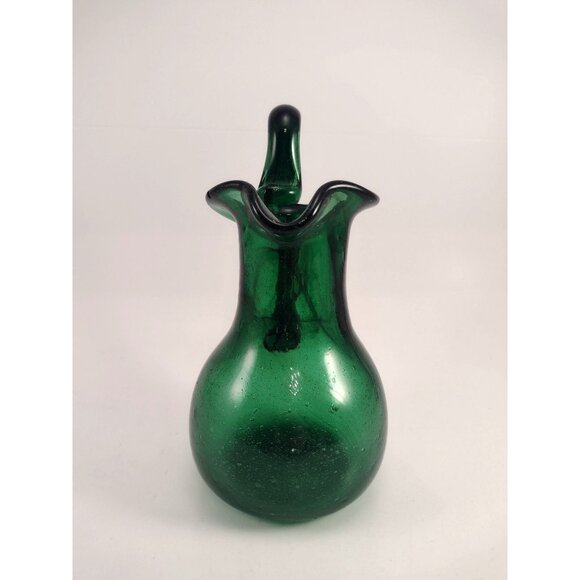 Vintage Hand-Blown Emerald Green Glass Pitcher Vase Jug Curved Handle SIGNED - Picture 2 of 11